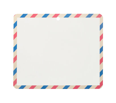 Blank vintage air mail style tag with red and blue striped border isolated on white background