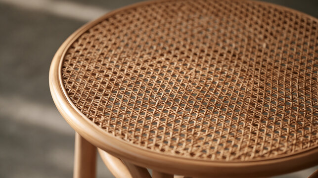 Early morning mist settles over a close single object detail of a hand-caned chair seat, the natural rattan weave pattern catching low diffused light, quality craftsmanship