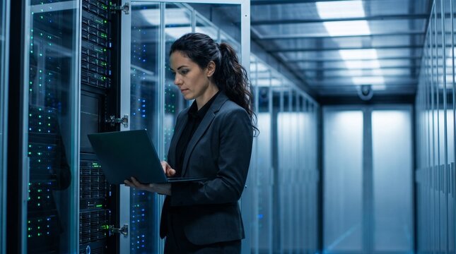 Female IT specialist working with a laptop in a modern server room datacenter maintaining systems
