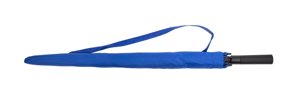 Blue folded umbrella in fabric carrying pouch sleeve with shoulder strap isolated on white background
