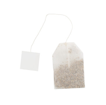 Blank tea bag with string and white paper tag mockup isolated on white background