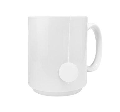 Blank white ceramic mug mockup with tea bag string and blank tag isolated on white background