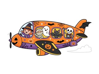 Fototapeta premium Whimsical Halloween Airplane Flying on a Spooky Holiday Vacation, Cute Cartoon Illustration