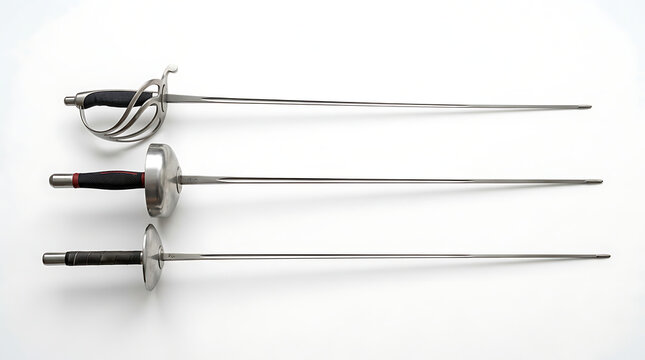 Trio of Competition Fencing Swords Showing Saber Epee and Foil Blades with Protective Tips and Metal Hilts Aligned Horizontally on a Plain White Background