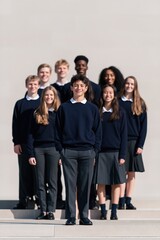 Fototapeta premium High school students in uniform standing on steps formal group portrait background for brochure and education banner design