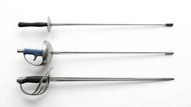 Set of Three Professional Fencing Weapons Foil Epee and Saber with Different Guard Designs and Grips Arranged Horizontally Isolated on White Background