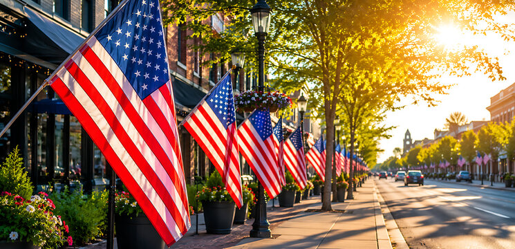 American flags lining a sunny city street lined with trees and classic streetlamps