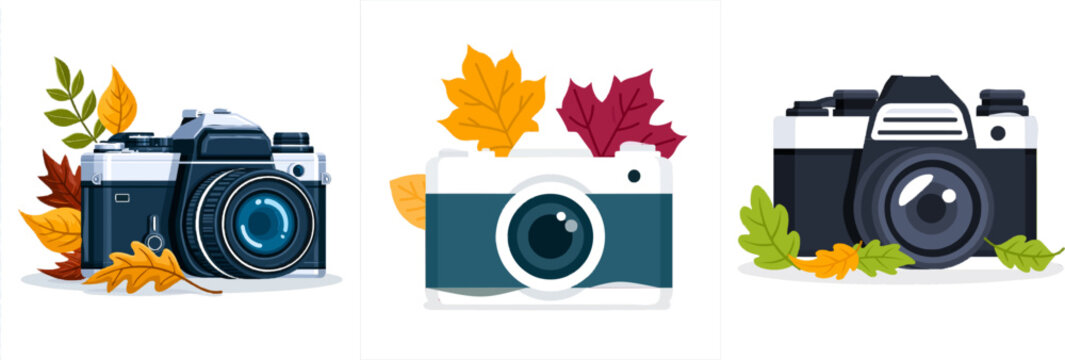 A vintage camera rests amidst autumn leaves in a clean, flat vector illustration with high contrast graphics