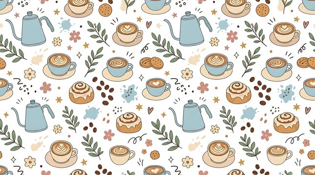 Seamless Pattern with Coffee Cups, Teapots, Cinnamon Rolls, and Botanical Elements.