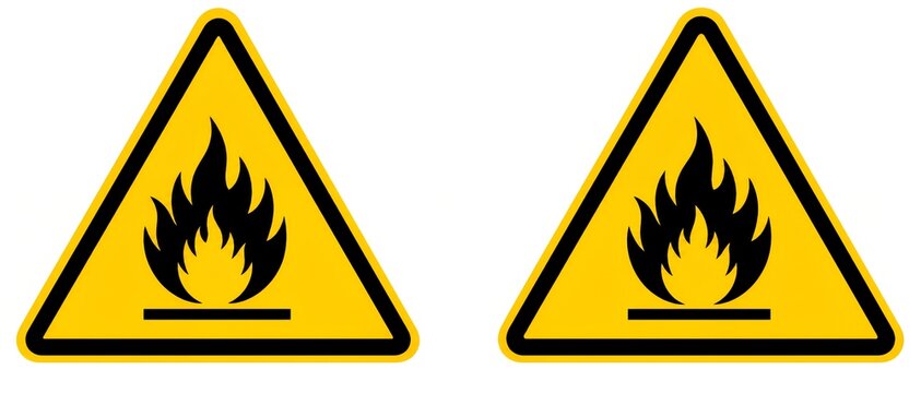 Flammable material warning sign yellow triangle with black flame silhouette on white background fire hazard