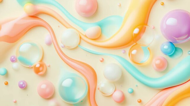 Glossy pastel bubble and creamy wave flowing on beige background, soft dreamy abstract composition