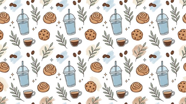 Hand Drawn Coffee and Pastry Pattern with Leaves and Beans.