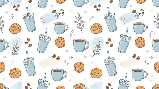 Seamless Pattern with Coffee Cups, Cookies, and Cinnamon Rolls.