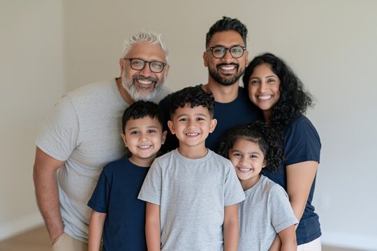 Multigenerational family portrait indoor smiling three-generation parents and children for banner design and family portrait background
