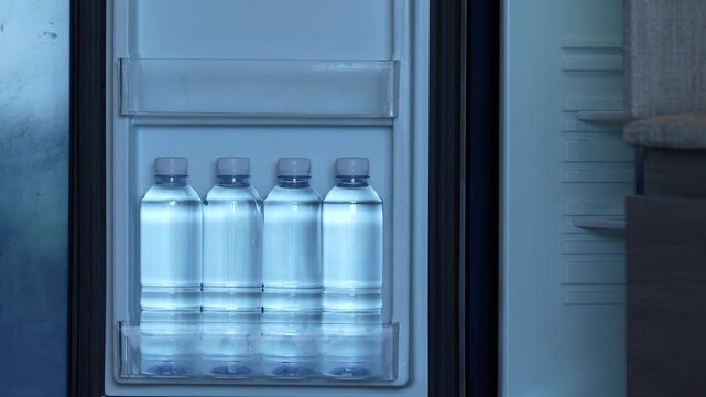 Little girl in a red dress taking a bottle of drinking water from an opened hotel room mini refrigerator highlighting family travel, child independence, and complimentary in room amenities.