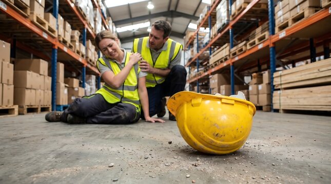 Injured warehouse worker sitting on floor holding shoulder in pain while concerned colleague checks on her after accidental fall in busy industrial distribution center facility