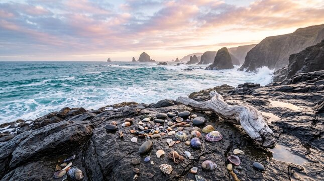 Pacific coastline at sunrise. Crashing ocean waves against rocky shore with driftwood.