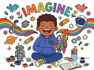Creative boy playing with toys and imagining space adventures, happy child with rocket and robots, colorful doodle illustration with imagine text