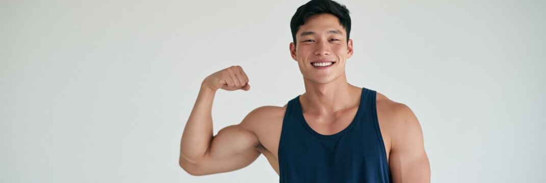 Smiling toned man flexing biceps in navy tank top studio portrait for fitness poster banner background and strength lifestyle design