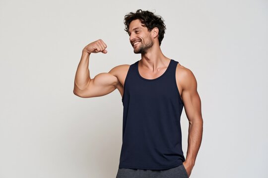 Smiling muscular man flexing bicep in navy tank top for fitness poster background and training banner design