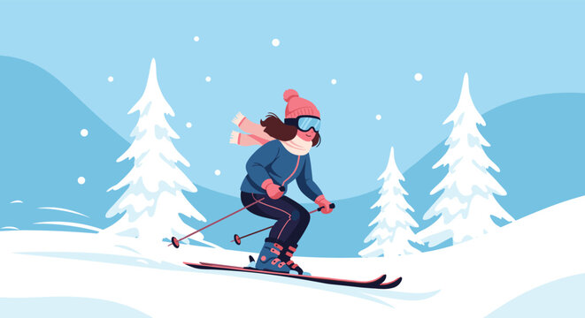 Active young woman skiing down a snowy mountain slope past pine trees in a beautiful winter landscape under falling snow.