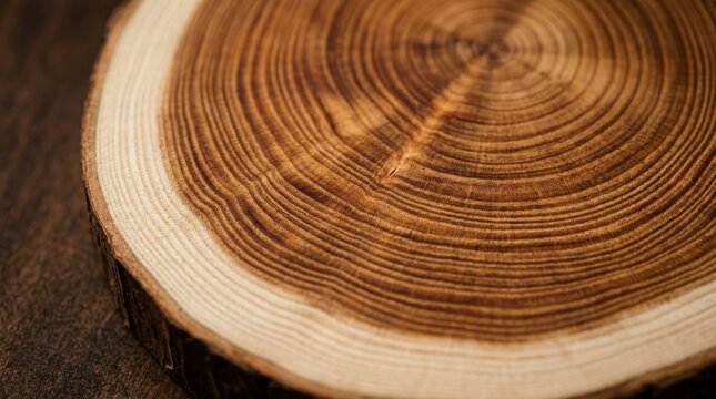 Close-up of a tree trunk cross-section revealing growth rings and natural wood texture.