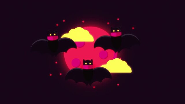 Cute Halloween bats flying across a full glowing red moon with clouds in a flat vector style cartoon 3D animation background loop