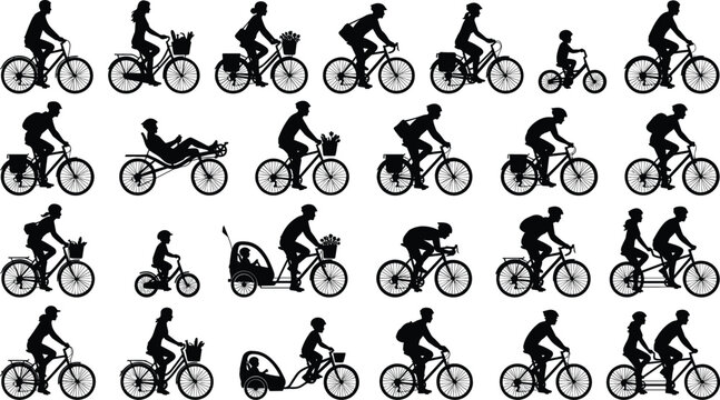 Cycling Silhouette Set with Diverse People Riding Bicycles City Bikes Tandems Racers and Kids Tricycles for Outdoor Activity Graphic Design Elements