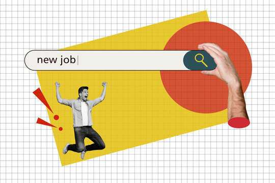 Trend artwork sketch image photo collage of workspace candidate vacancy hr research interface page website young man jump success new job