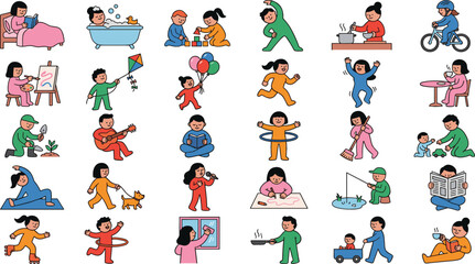 Fototapeta premium Kids and Adults Daily Activities and Hobbies Icon Set with Characters Exercising Reading Playing Music Cleaning and Cooking Vector Illustration