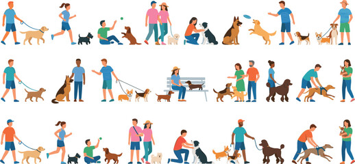 Fototapeta premium People Walking and Playing with Dogs Vector Set with Diverse Male and Female Characters Training Leashing and Grooming Domestic Pets