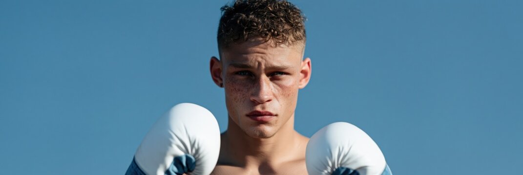 Closeup young boxer with white gloves against clear blue sky for sports banner background and fitness training promotion