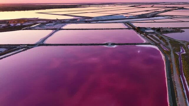 Aerial drone view of pink lakes salt marshes, salt mining medieval town of Aigues-Morte, Camargue, France. High quality 4k footage