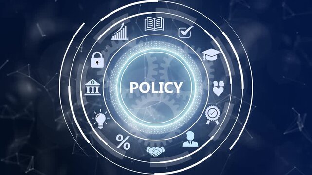 Corporate policy and regulatory compliance HUD concept showing governance frameworks and organizational rules on a dark tech screen.
