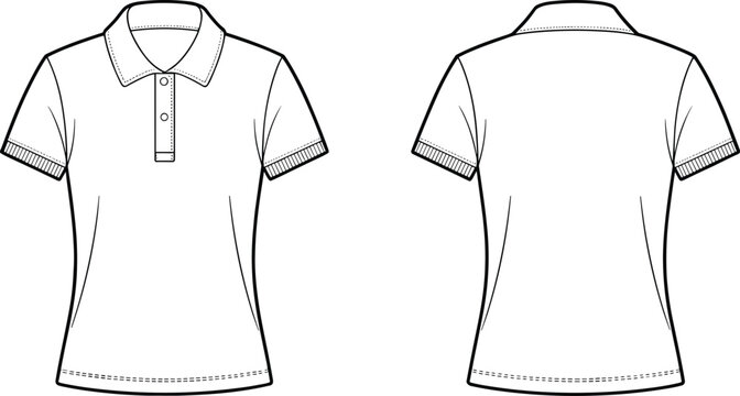 Front and back view of a classic womens polo shirt technical fashion sketch with short sleeves and collar