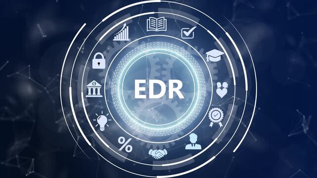 Endpoint detection and response EDR cybersecurity screen featuring glowing HUD network protocols on a dark digital tech background.