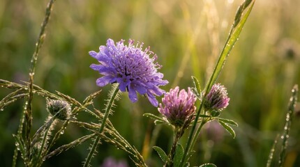 Fototapeta premium Close-up of vibrant purple and pink wildflowers in a sunlit meadow at golden hour.