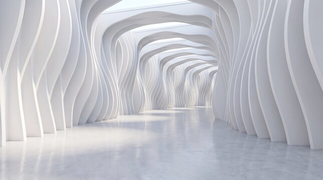 Futuristic White Architectural Corridor with Organic Curved Structures and Minimalist Interior