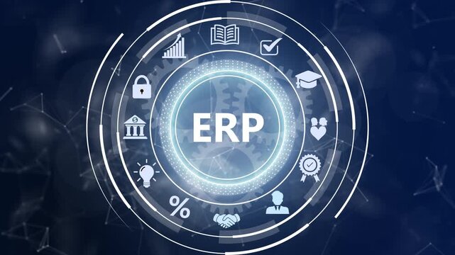 Enterprise resource planning ERP system integration screen featuring glowing circular HUD network nodes on a dark digital background.