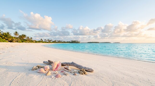 Tropical beach with seashells on white sand. Exotic lagoon shore at sunset.