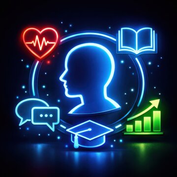 neon education icons glowing symbols