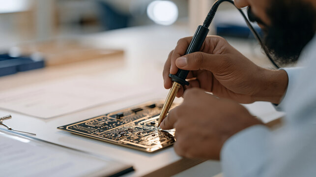 Electrical engineer close up hands soldering a complex circuit board in an industrial workshop, beside the bench a mature student nursing school acceptance letter is pinned to the
