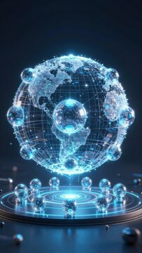 futuristic globe with glowing spheres and digital interface