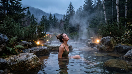 Obraz premium Woman Relaxing in Outdoor Hot Spring