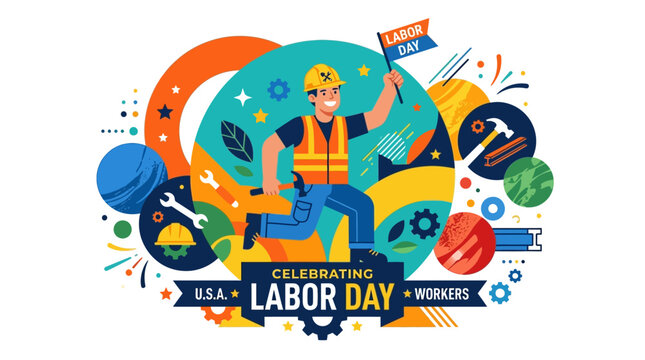 Worker Celebrating Labor Day with Tools and Flag