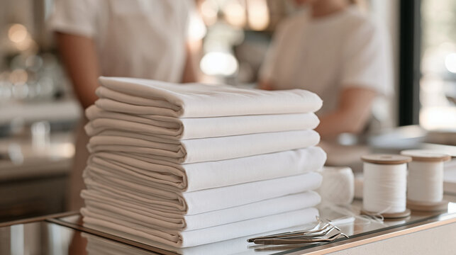 Brow shaping specialist at a busy salon fair displays a neatly pressed tower of folded styling capes on a mirrored counter in a single detail shot, white cotton stacked in