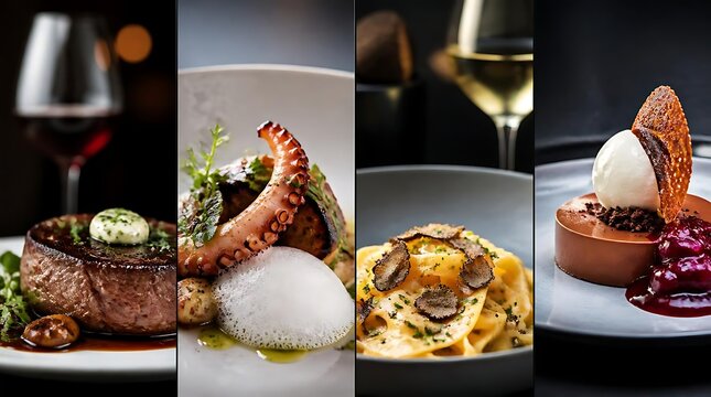 Gourmet Food Collage Featuring Steak Octopus Pasta and Dessert with Wine.