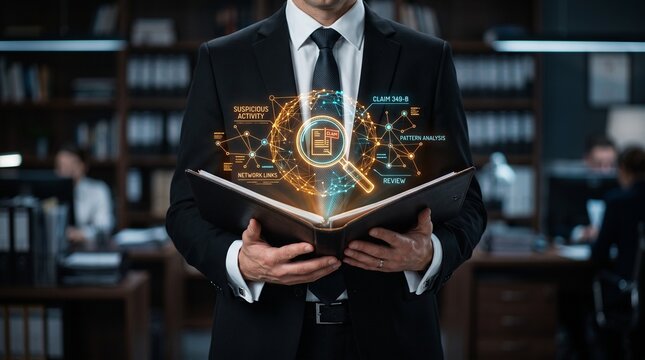 Businessman holding a digital file folder. Executive analyzing data with holographic interface.