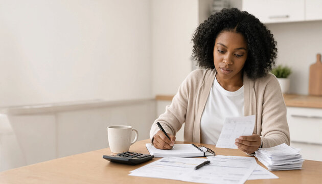 Woman reviewing financial documents and writing notes at a kitchen table with a calculator and coffee. She focuses on organizing bills and budgeting tasks in a home setting.