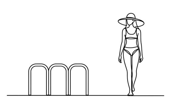 Woman wearing a sun hat and bikini walking by the poolside in a minimal continuous line drawing style